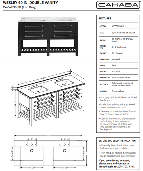 Cahaba CAVWES60 Wesley 60 In. Double Vanity in Iron Gray with Engineered Stone Top & Ceramic Basins