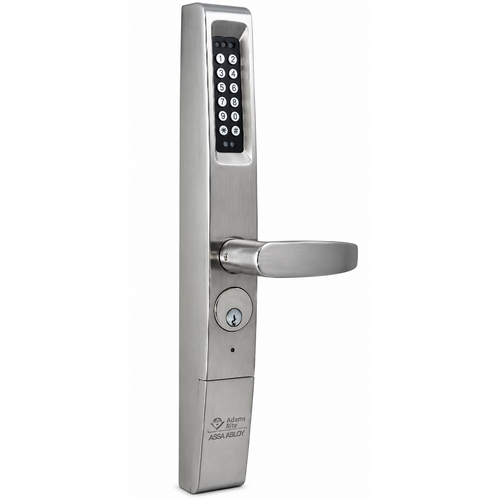 Adams Rite 3090 eForce Battery-Operated Keyless Entry Control in Satin Chrome (626) — front angled view showing keypad and lever handle