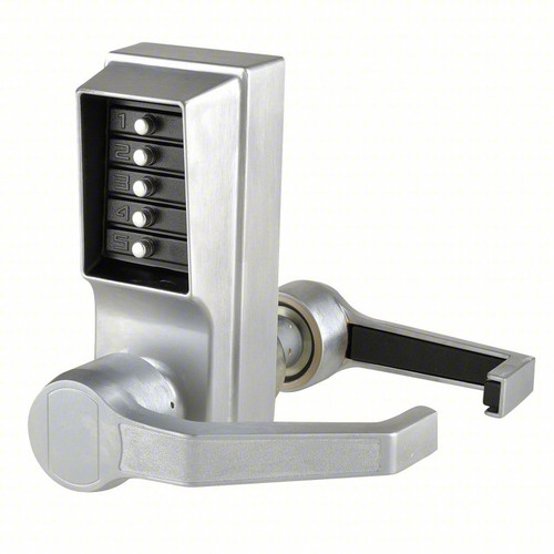 Dormakaba Simplex L1000 Series LR1011 pushbutton cylindrical lever lock, no key override, 626 Satin Chrome finish, right-hand, exterior view