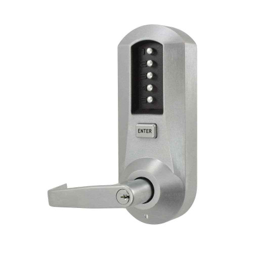 Dormakaba Kaba Simplex 5021 Mechanical Pushbutton Cylindrical Lock with Winston Lever — exterior view, 626 Satin Chrome finish, showing pushbutton keypad, ENTER button, lever handle, and key cylinder