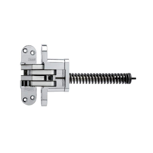 SOSS 220IC Series invisible spring closer hinge, 7 in., Bright Chrome finish (625), spring mechanism extended, front view