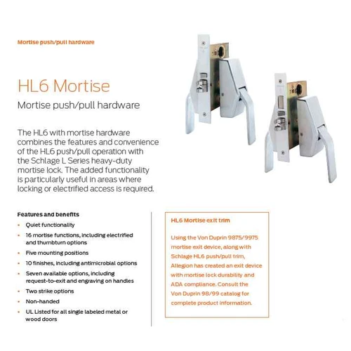 Schlage HL6-9070 Hospital Push/Pull Mortise Latch -Classroom Lock Function