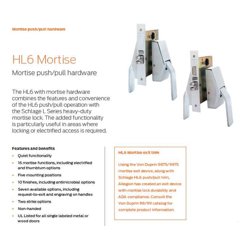 Schlage HL6-9466 Hospital Push/Pull Mortise Latch - Store/Utility Function Lock Function