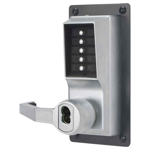 Dormakaba Simplex LP1020 Mechanical Pushbutton Exit Device Lever with Key Override - Satin Chrome finish, angled view showing pushbutton keypad and key cylinder