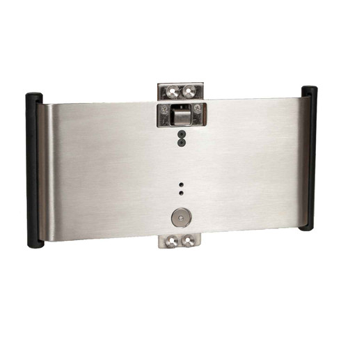 Trimco 1069L ADA Pocket Door Pull Passage/Latching Function – front view, satin stainless steel finish, assembled unit with black Delrin grips