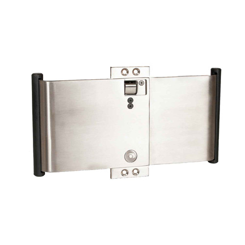 Trimco 1069FP ADA pocket door pull with full privacy function, front view, Satin Stainless Steel finish (630), showing privacy lock indicator and ADA-compliant pull bar