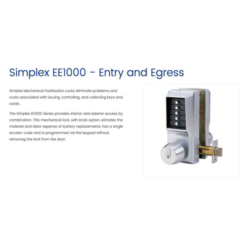 Dormakaba Simplex EE1000 Series Back to Back Mechanical Pushbutton Lock, Cylindrical with Knobs, Entry Egress with 2-3/4" Backset