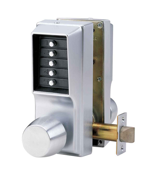 Dormakaba Simplex EE1000 Series Back-to-Back Mechanical Pushbutton Lock with Cylindrical Knob, 626 Satin Chrome finish, showing keypad, knob, and extended latch bolt - Entry/Egress configuration