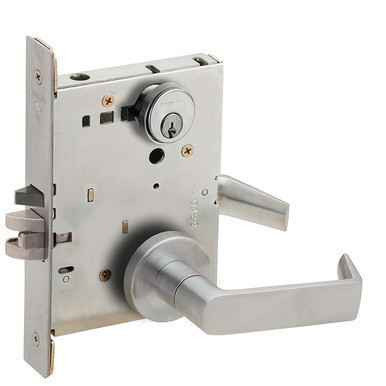 Schlage L9492EU Electrified Mortise Lock with Deadbolt - Grade 1, Fail Secure, Outside Levers EU, Outside Cylinder Override, 12/24VDC - lock body with lever shown in Satin Chrome finish