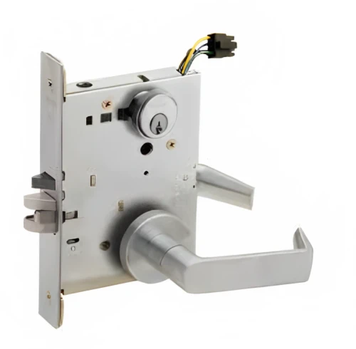 Schlage L9492EL Electrified Mortise Lock with Deadbolt - Grade 1, Fail Safe, Outside Levers EL, Outside Cylinder Override, 12/24VDC - lock case and lever shown