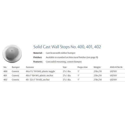 Rockwood 400 Convex Solid Cast Wall Stop, 1" Projection, 2-7/16" Diameter, Plastic Toggle Fastener