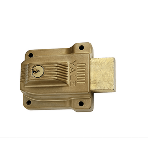 Accentra 112 Double Cylinder Auxiliary Deadbolt with 2-3/8 in. Backset - lock body with bolt extended, brass finish