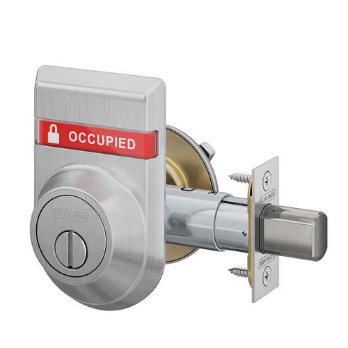 Schlage B572 Grade 2 door bolt exterior view in Satin Chrome finish showing OCCUPIED indicator illuminated in red with coin turn and deadbolt latch assembly