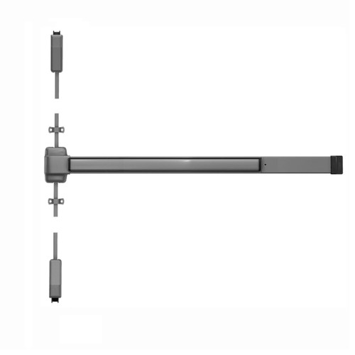 Von Duprin 2227 Series 3 ft Wide Stile Pushpad Surface Vertical Rod Exit Device, aluminum finish, shown with top and bottom rod assemblies on white background