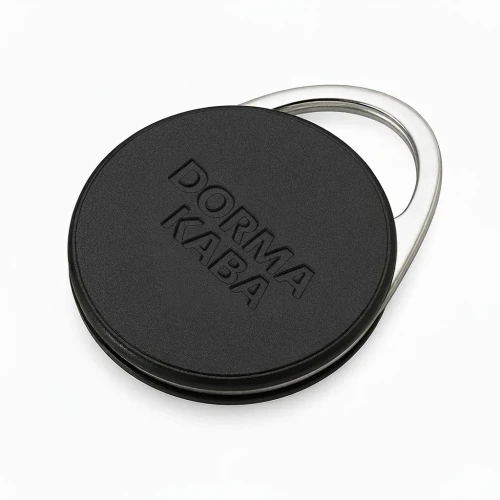 Dormakaba 12690-DS4-BK Community Physical Credential key fob in black with M+2K imprint, teardrop shape with integrated loop