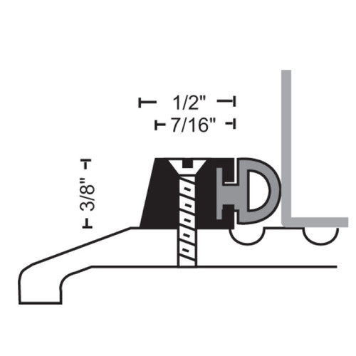 NGP 2 Series Vinyl Stop Strip cross-section diagram showing 3/8" height and 1/2" width dimensions with bumper seal profile