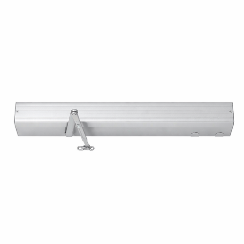 LCN 4642-POWDER Electrohydraulic Auto Equalizer Power Operator 120V, Aluminum (689) finish, long arm, surface-mounted, push side - front view