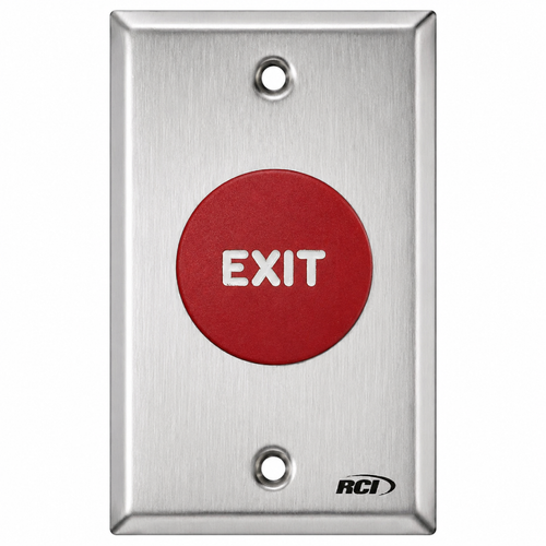 RCI 908 Series Time-Delay Exit Button with Red EXIT Text in Satin Stainless Steel