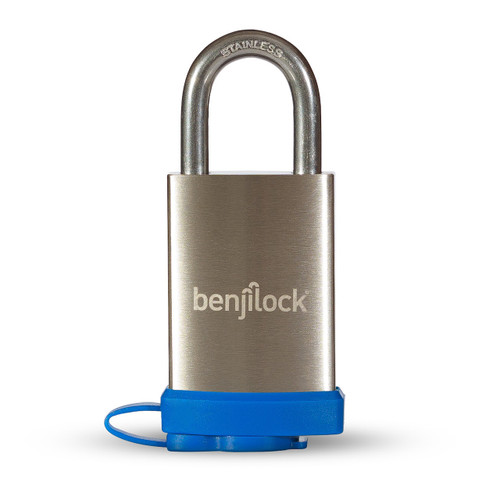 BenjiLock BJL207SS-40 Stainless Steel Outdoor Fingerprint Padlock in Satin Nickel, front view showing biometric sensor and shackle