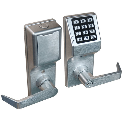 Alarm Lock Trilogy DL4100 Grade 1 Electronic Cylindrical Lock with Privacy Function and Keypad — Satin Chrome (US26D), outside and inside views