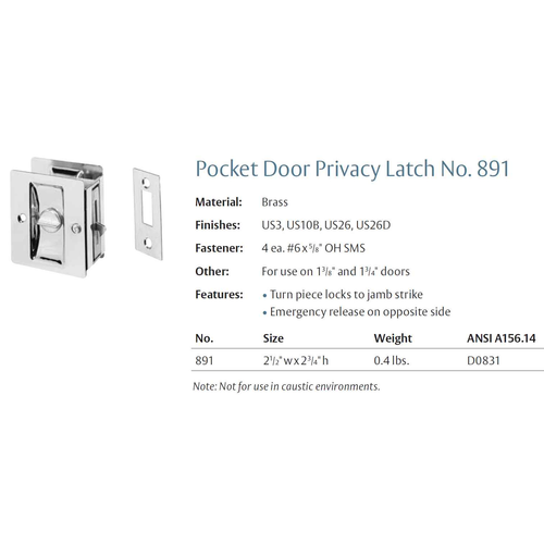 Rockwood 891 Pocket Door Privacy Latch