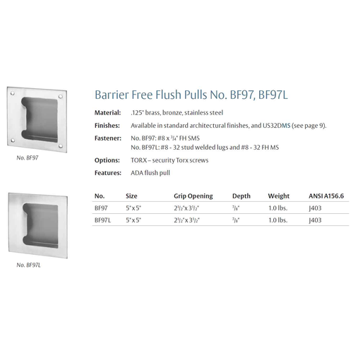 Rockwood BF97 Barrier Free Flush Pull, 5" by 5", 7/8" Depth