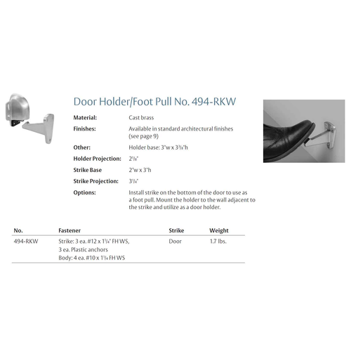 Rockwood 494-RKW Automatic Wall Mount Door Holder & Stop / Foot Pull