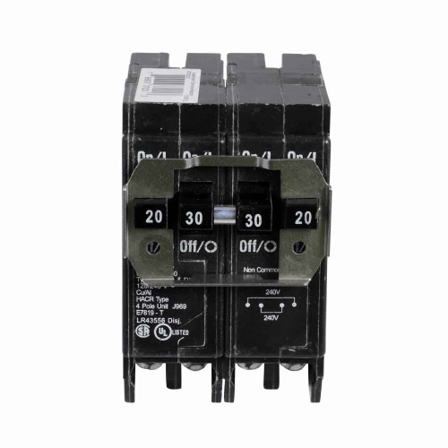 Eaton BR thermal magnetic ,Type BR 1-Inch quad , 30 A, 30 A,10 kAIC,Four-pole,120/240V,BRD,Common trip,#14-4 AWG Cu/Al,BRD,Type BR Loadcenters
