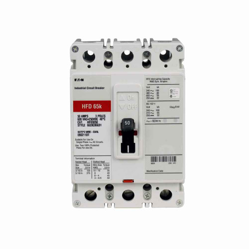 Eaton Series C complete , F-, HFD, Complete , Fixed thermal, Fixed magnetic trip type, Three-pole, 50 A, 600 Vac, 250 Vdc, Load side, 50/60 Hz