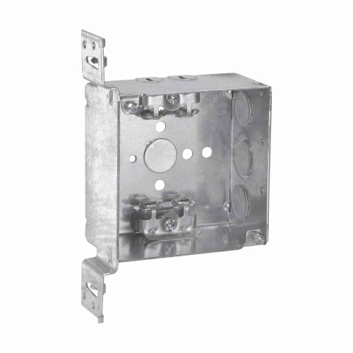 Crouse-Hinds Eaton series Square Outlet Box, 1/2", 4", VMS, 4, AC/MC clamps, Welded, 2-1/8", Steel, 1/2", 1/2", 3/4" E, 30.3 cubic inch capacity
