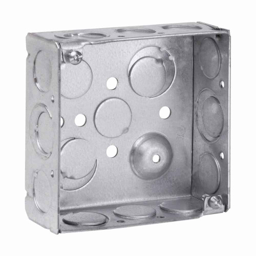 Crouse-Hinds Eaton series Square Outlet Box, 1/2", 1/2", 3/4" E, 4", Conduit , Welded, 1-1/2", Steel, 1/2", 1/2", 3/4" E, 22.0 cubic inch capacity