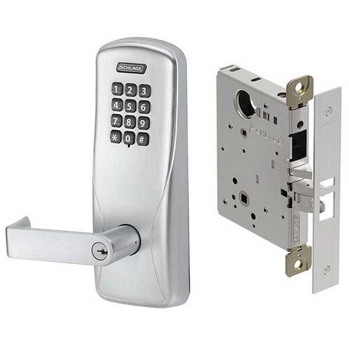 Schlage CO-100 Standalone Electronic Mortise Lock with keypad reader and privacy function, shown with mortise lock body — satin chrome finish