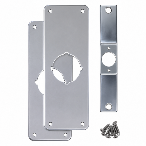 Don-Jo RPK-109 Remodeler Plate Kit in Satin Stainless Steel - 9 in. x 3-1/2 in. filler plate, strike cover, and mounting screws