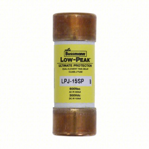Bussmann Eaton series LPJ fuse, Low-peak fuse, 15 A, Dual, Class J, Non-indicating, Ferrule end x ferrule end, Time delay,Current-limiting, 10 sec at