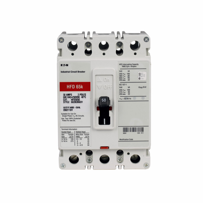 Eaton HFD3070S06 Series C complete molded case circuit breaker, F-frame, HFD, Fixed thermal and magnetic trips, Three-pole, 70A, 600 Vac, 250 Vdc, 100 kAIC at 240 Vac, 65 kAIC at 480 Vac, Load side, 48-127 Vac or 48-60 Vdc rear w/ left pigtail