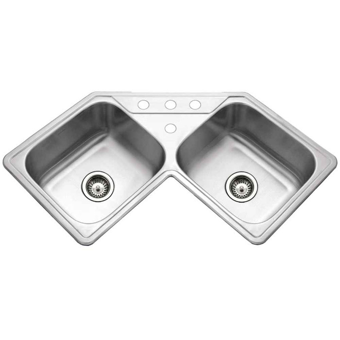 Houzer LCR-3221 Legend 32" Stainless Steel Drop-in Topmount 4-hole 50/50 Double Bowl Corner Kitchen Sink with Strainer & Grid