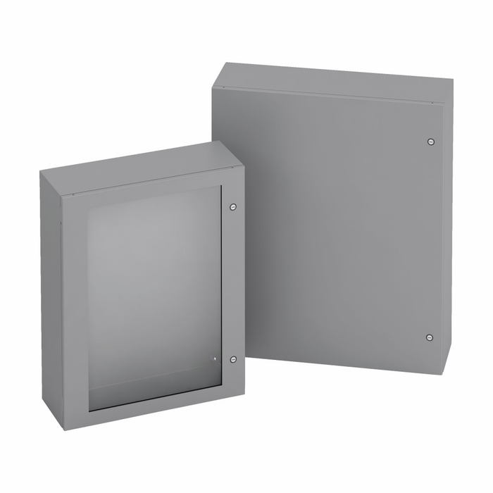 B-Line Eaton series wall mounted panel enclosure,10" height,6" length,8" width, 4,Hinged cover,SD enclosure,Wall mount,Medium single door,Thru holes,o