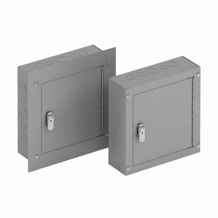 B-Line Eaton series utility enclosures, 24" height, 4" length, 24" width, 1, Hinged cover, TCF cabinet, Flush mounted, Medium single door, Thru holes