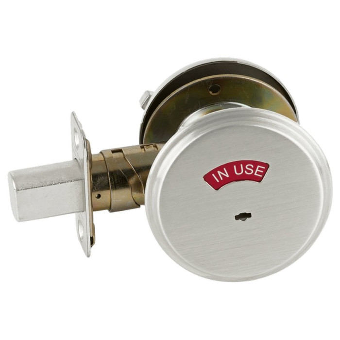 Falcon D271 Grade 2 Deadbolt with Occupancy Indicator – Thumbturn Inside Function, Satin Chrome finish, showing exterior rose with IN USE indicator, latch bolt, and strike plate