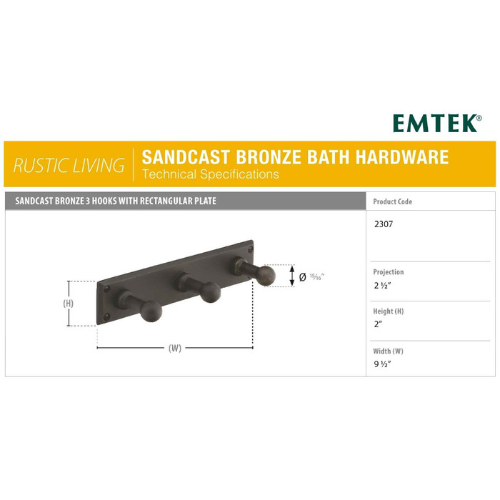 Emtek Emtek 2307 Sandcast Bronze 3 Hooks with Rectangular Plate EMTEK-2307