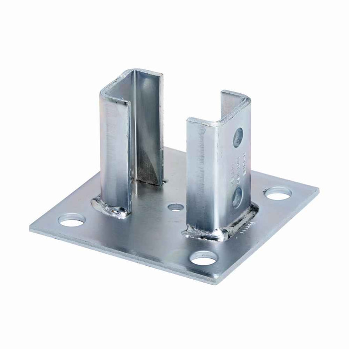 B-Line Eaton series strut fittings and accessories, 3.5" Height, 6" Length, 6" Width, 4.70lbs, Steel, Square post base, centered, Post base for B22-2P