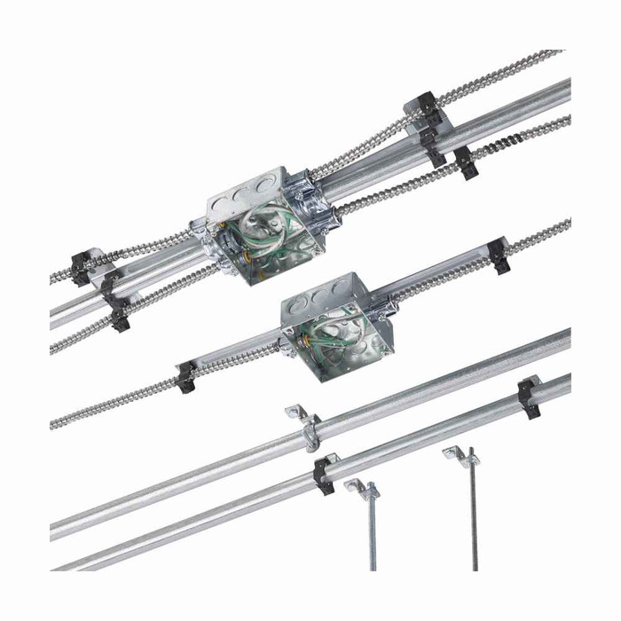 B-Line Eaton series conduit support fasteners, 25 lb load capacity, 1-1/2" conduit size, Deck hanger included, Guide-rite conduit to beam fastener