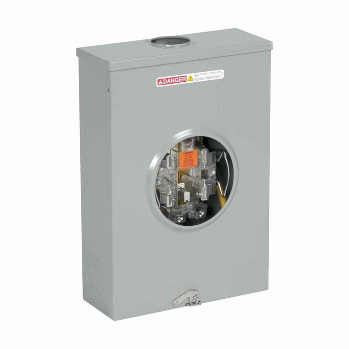 B-Line Eaton series single meter sockets, 200 A, Test block, Ring type, ANSI 61 gray painted, #6-250 MCM, Steel, Surface mount, 4 jaws, 1Ø/3W