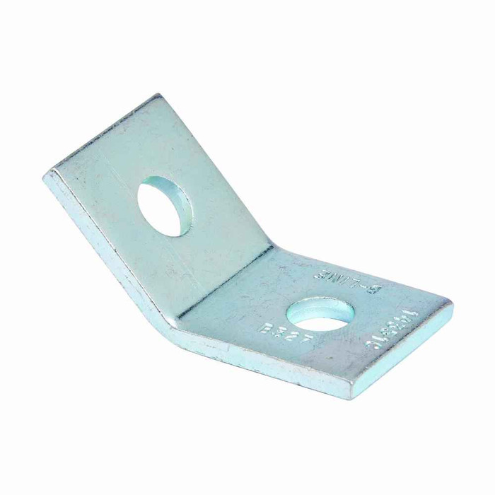 B-Line B327ZN Eaton series strut fittings and accessories, 1.75" Height, 3.37" Length, 1.62" Width, .35lbs, Steel, Two hole short open angle, 45 deg, Thickness 1/4 in, Electro-plated