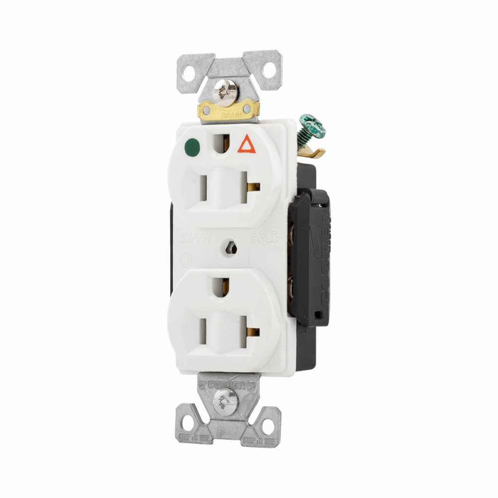 Eaton IG8300W Arrow Hart heavy-duty hospital grade duplex receptacle, #14-10 AWG, 20A, Healthcare, Flush, 125V, Back and side, White, Brass, High-impact nylon face, Glass-filled nylon base, 5-20R, Duplex, Screw, Glass-filled nylon, Core pack