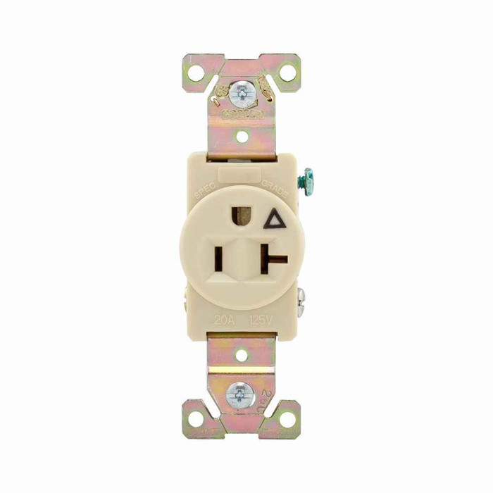 Eaton IG5361V Arrow Hart extra heavy-duty industrial specification grade single receptacle,#14-10 AWG,20A,Industrial,Flush,125V,Back and side,Ivory,Brass,High-impact nylon face,Glass-filled nylon base,5-20R,Single,Screw,Nylon,Core pack