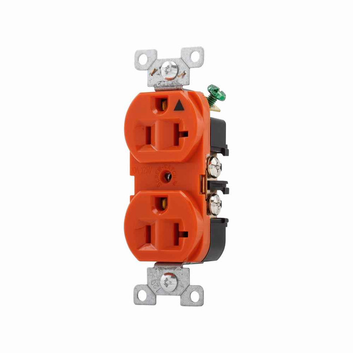 Eaton IG5362RN Arrow Hart heavy-duty industrial specification grade duplex receptacle, #14-10 AWG, 20A, Industrial, Flush, 125V, Back and side, Orange, Brass, High-impact nylon face, Glass-filled nylon base, 5-20R, Duplex, Screw, Nylon