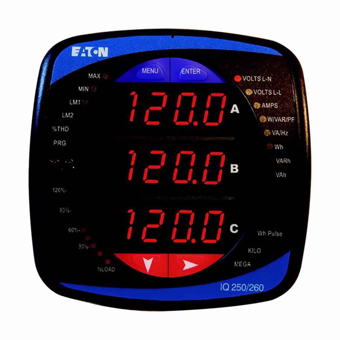 Eaton IQ260MA55110 IQ 260 Meter (with integral display), 50 Hz, 5A secondary, 90-265 Vac/dc power supply, 2 relay outputs/2 status inputs