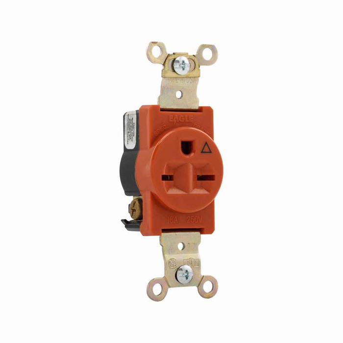 Eaton IG5661RN Arrow Hart extra heavy-duty industrial specification grade single receptacle,#14-10 AWG,15A,Industrial,Flush,250V,Back and side,Orange,Brass,High-impact nylon face,Glass-filled nylon base,6-15R,Single,Screw,Nylon,Core pack