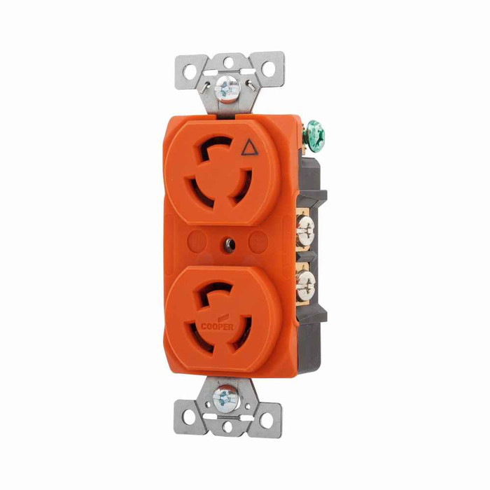 Eaton IG4700 safety grip locking receptacle, #14-10 AWG, 15A, Industrial, 125V, Back and side wiring, Orange, Duplex, L5-15, Two-pole, Three-wire, Glass-filled nylon